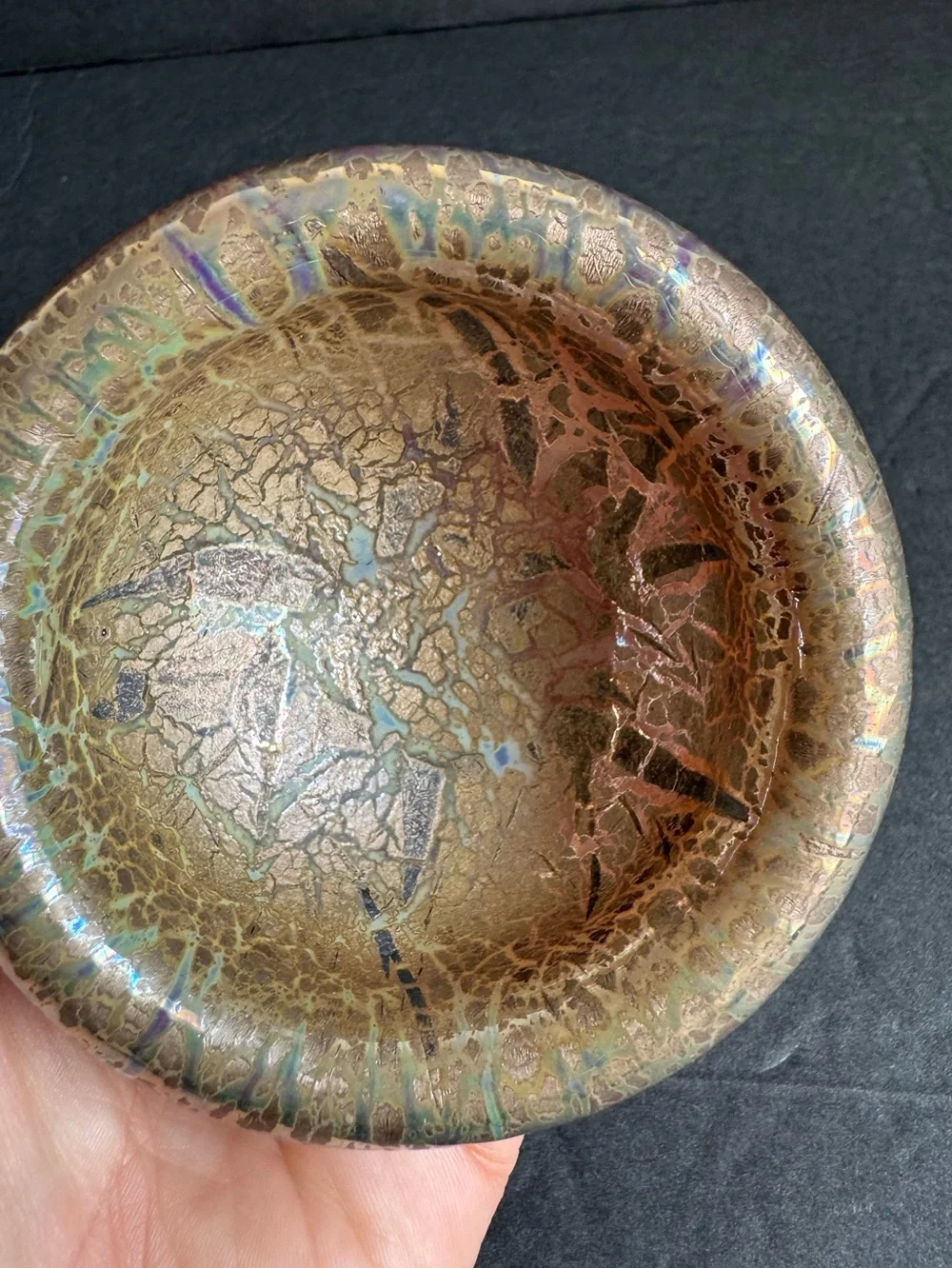 Vintage Art Glass Bowl Iridescent Crackle Red Gold Barovier Style Votive Holder